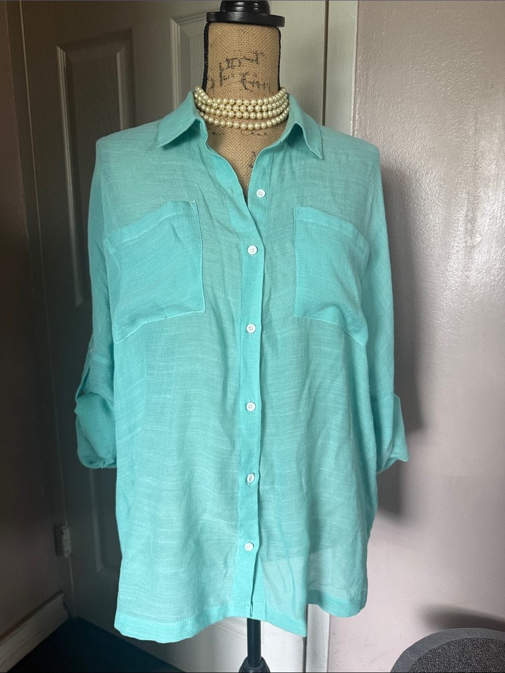 Pink Lily Aqua Button-Down Pocket Shirt